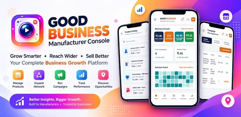 Good Business Manufacturer console showing product catalog, business growth stats, and campaign management